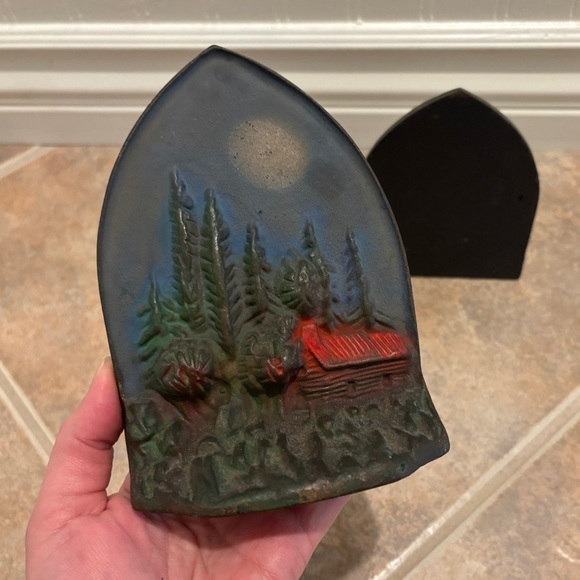 Vintage Cabin Scene Cast Iron Bookends 1920s 1930s Rustic Cottage Farmhouse - Picture 4 of 7